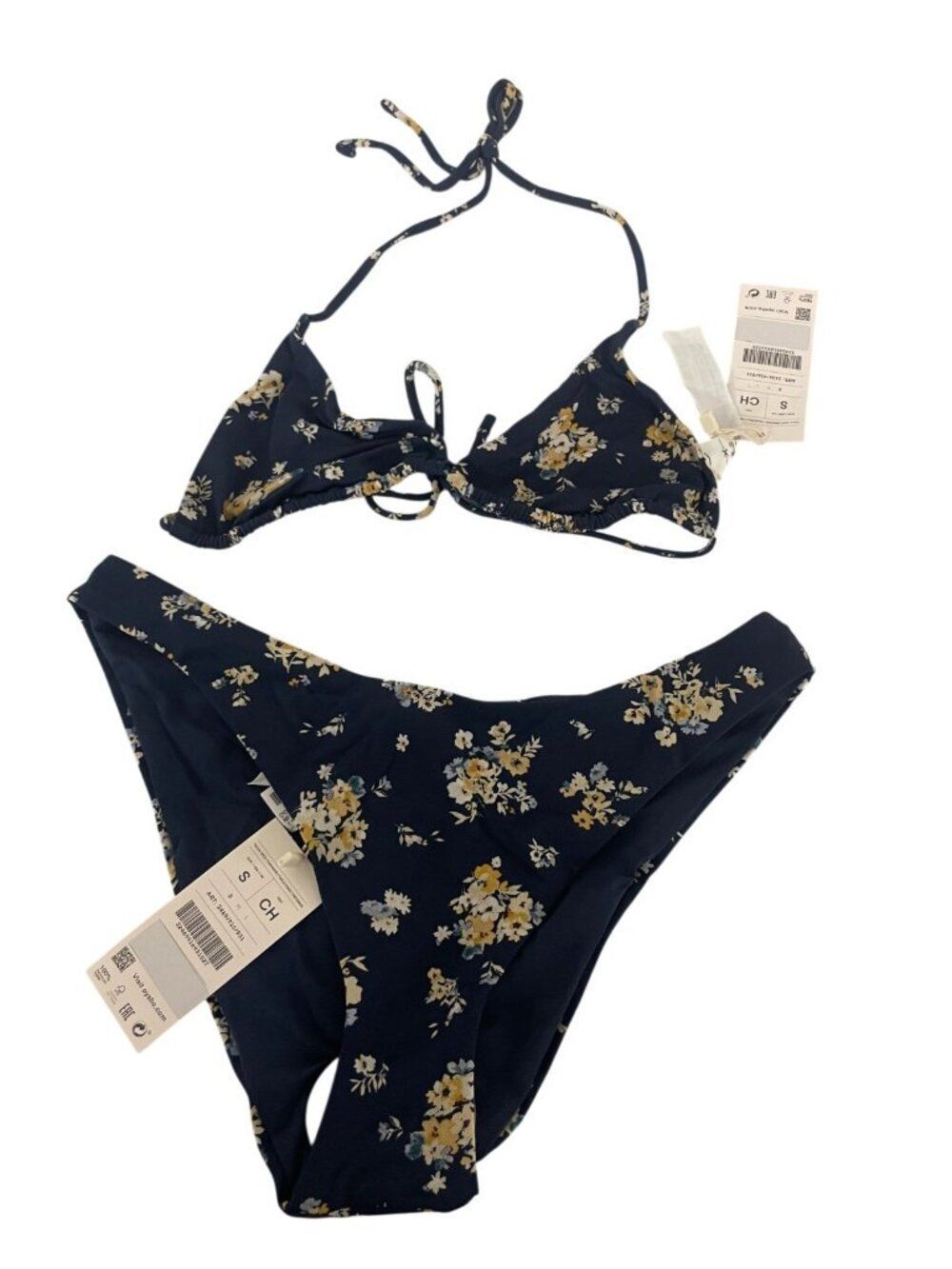 Oysho Womens Bikini Swimsuit Small Blue Floral 2 Piece High Leg 2469/916 NWT